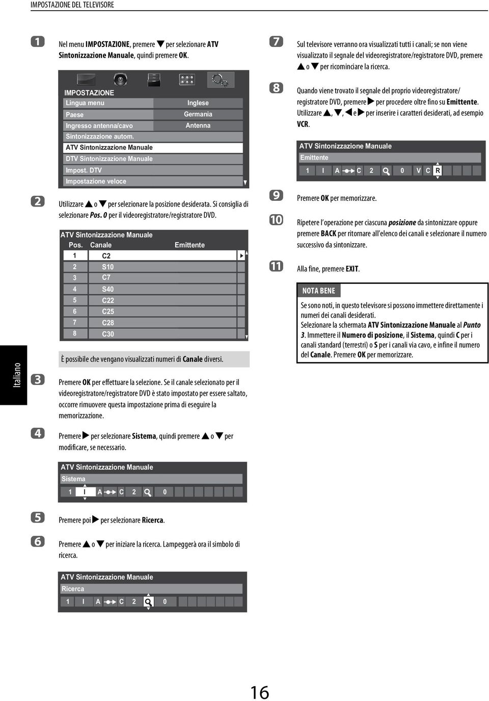 IMPOSTAZIONE Lingu menu Pese Ingresso ntenn/vo Inglese Germni Antenn h Quno viene trovto il segnle el proprio vieoregistrtore/ registrtore DVD, premere per proeere oltre fino su Emittente.