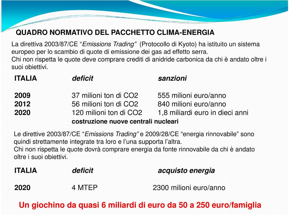 ITALIA deficit sanzioni 2009 37 milioni ton di CO2 555 milioni euro/anno 2012 56 milioni ton di CO2 840 milioni euro/anno 2020 120 milioni ton di CO2 1,8 miliardi euro in dieci anni costruzione nuove