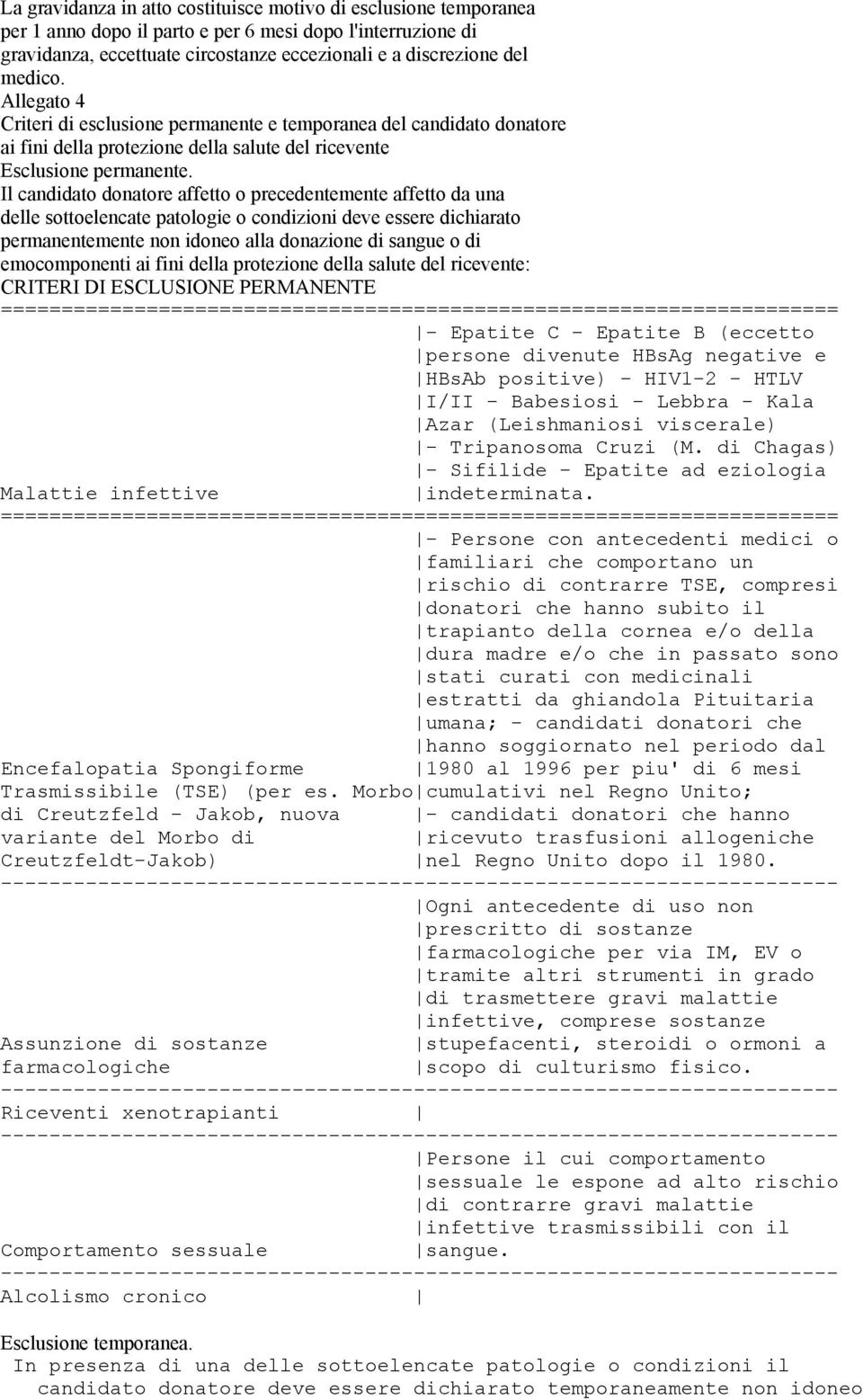 Il candidato donatore affetto o precedentemente affetto da una delle sottoelencate patologie o condizioni deve essere dichiarato permanentemente non idoneo alla donazione di sangue o di emocomponenti