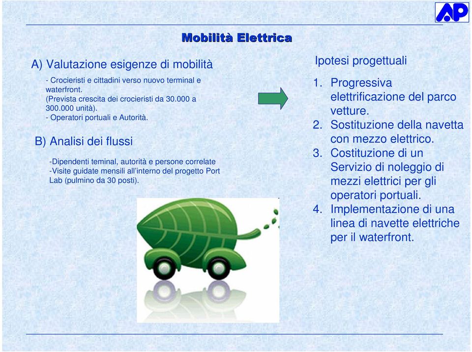 B) Analisi dei flussi -Dipendenti teminal, autorità e persone correlate -Visite guidate mensili all interno del progetto Port Lab (pulmino da 30 posti).