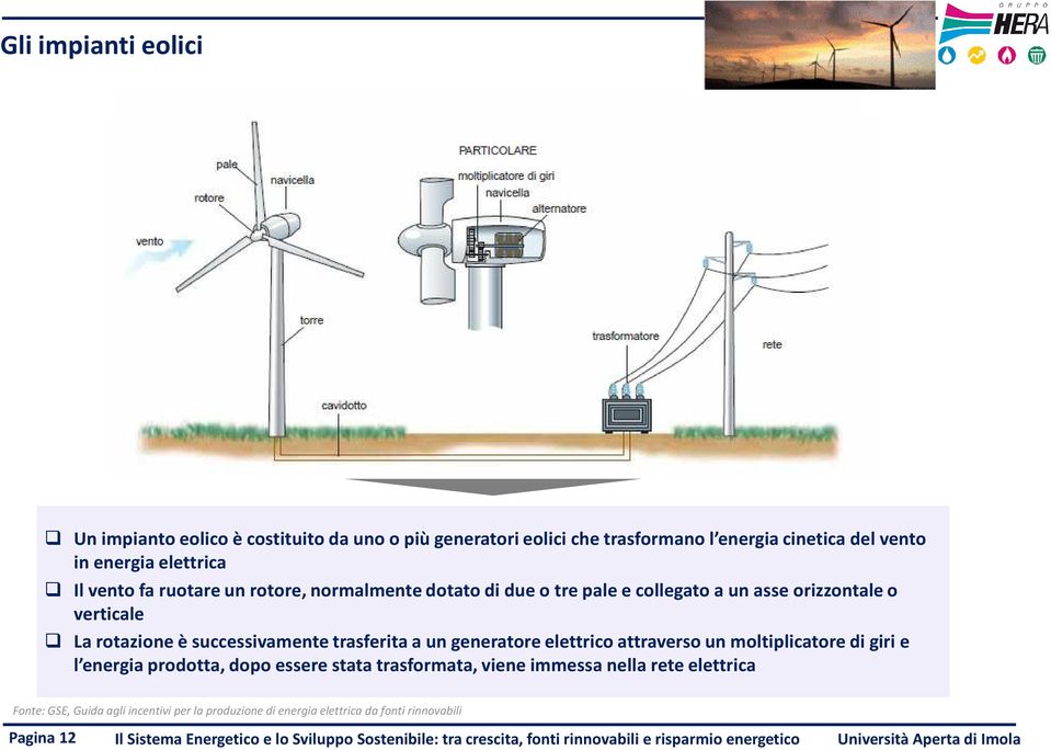 moltiplicatore di giri e l energia prodotta, dopo essere stata trasformata, viene immessa nella rete elettrica Fonte: GSE, Guida agli incentivi per la produzione di energia