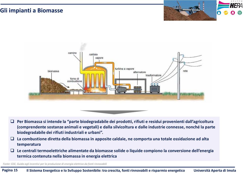 La combustione diretta della biomassa in apposite caldaie, ne comporta una totale ossidazione ad alta temperatura Le centrali termoelettriche alimentate da biomasse solide o liquide compiono la