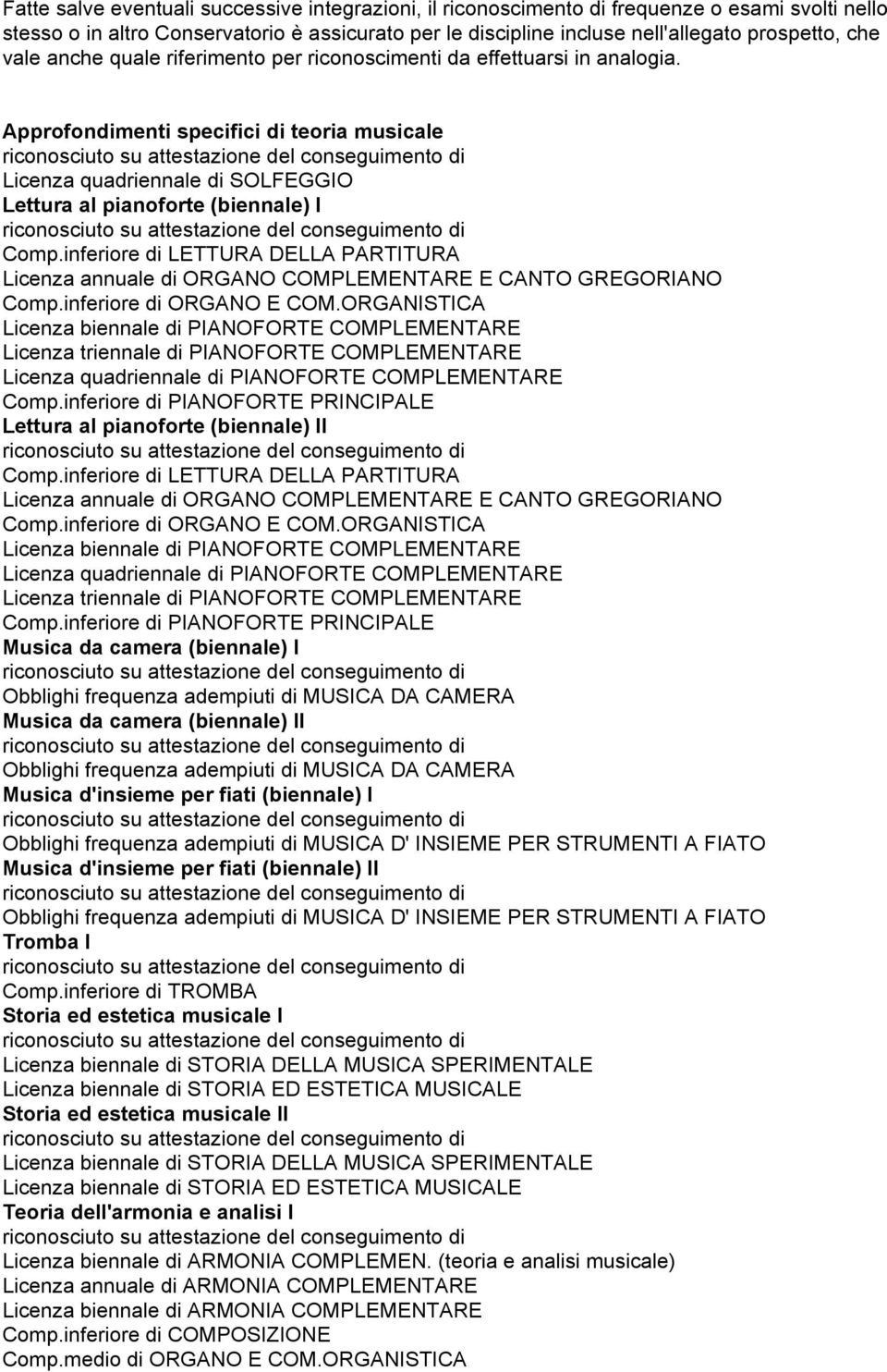 inferiore di LETTURA DELLA PARTITURA Licenza annuale di ORGANO COMPLEMENTARE E CANTO GREGORIANO Comp.inferiore di ORGANO E COM.