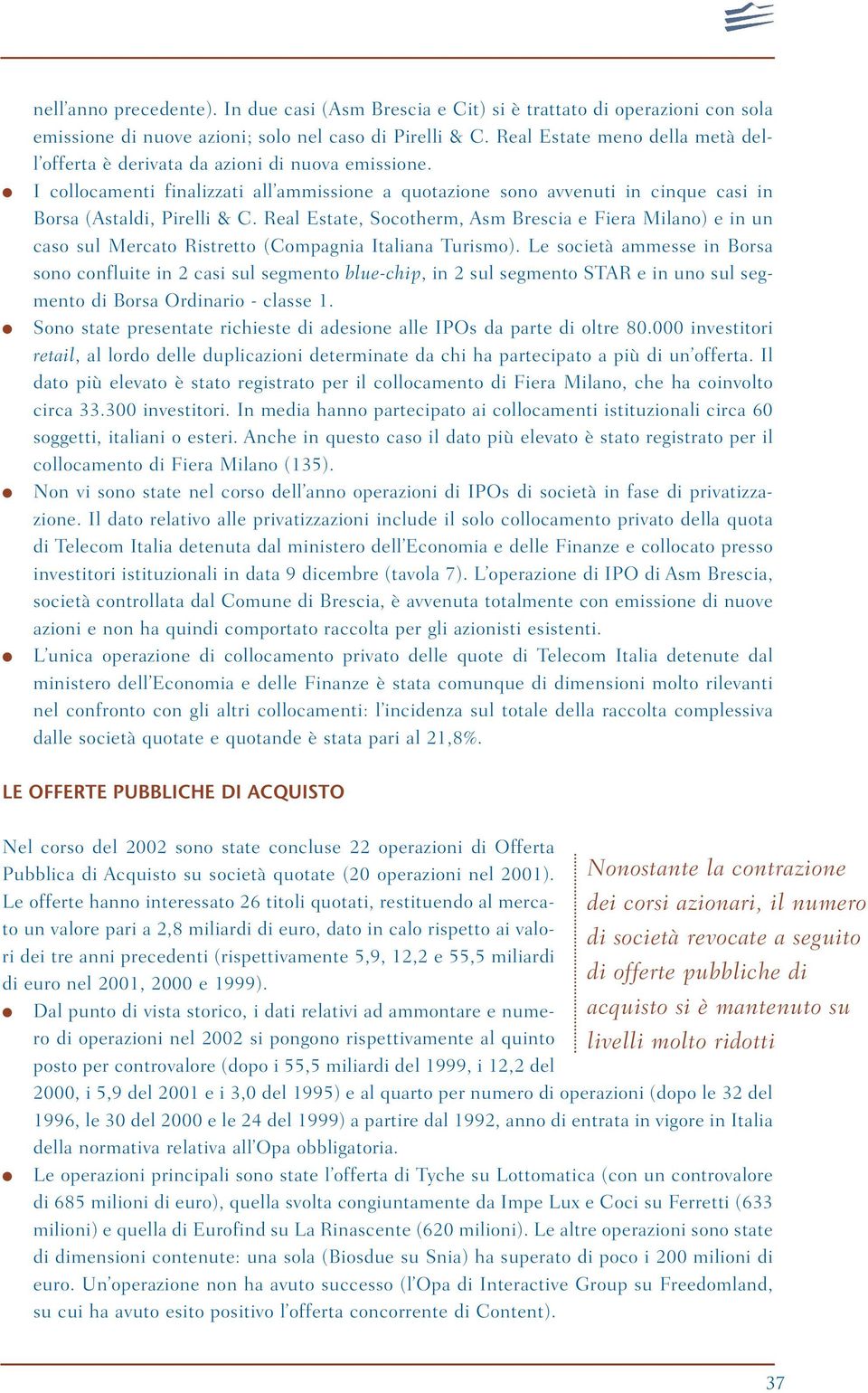 Real Estate, Socotherm, Asm Brescia e Fiera Milano) e in un caso sul Mercato Ristretto (Compagnia Italiana Turismo).