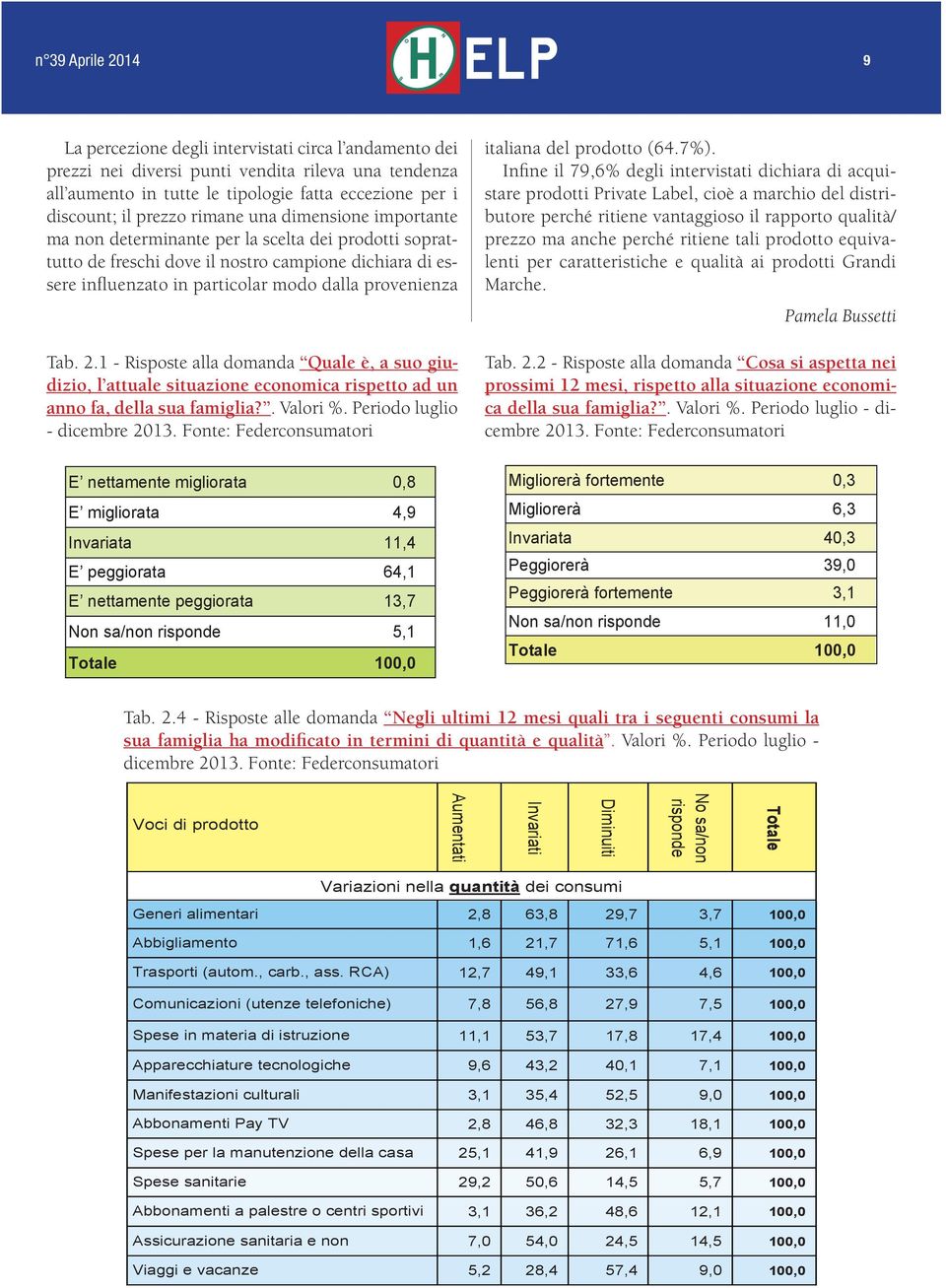 provenienza Tab. 2.1 - Risposte alla domanda Quale è, a suo giudizio, l attuale situazione economica rispetto ad un anno fa, della sua famiglia?. Valori %. Periodo luglio - dicembre 2013.