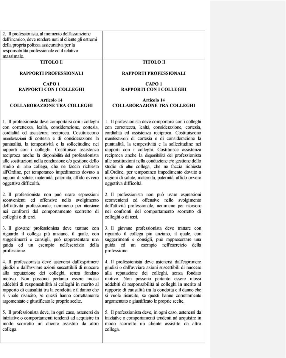 TITOLO Il RAPPORTI PROFESSIONALI CAPO 1 RAPPORTI CON I COLLEGHI Articolo 14 COLLABORAZIONE TRA COLLEGHI TITOLO Il RAPPORTI PROFESSIONALI CAPO 1 RAPPORTI CON I COLLEGHI Articolo 14 COLLABORAZIONE TRA