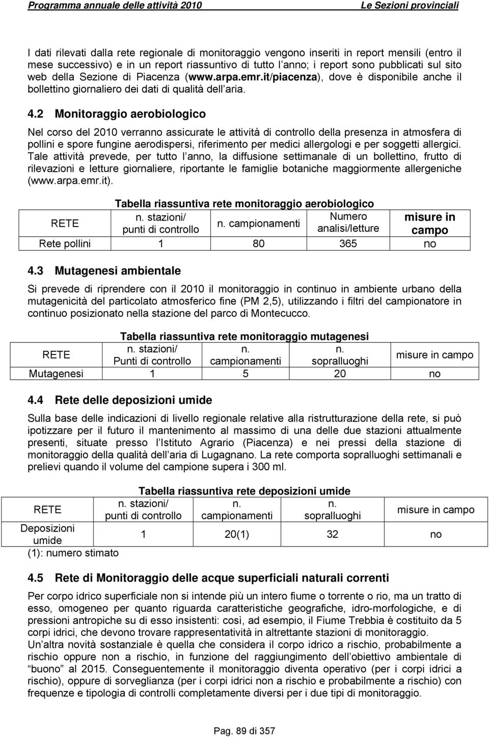 2 Monitoraggio aerobiologico Nel corso del 2010 verranno assicurate le attività di controllo della presenza in atmosfera di pollini e spore fungine aerodispersi, riferimento per medici allergologi e