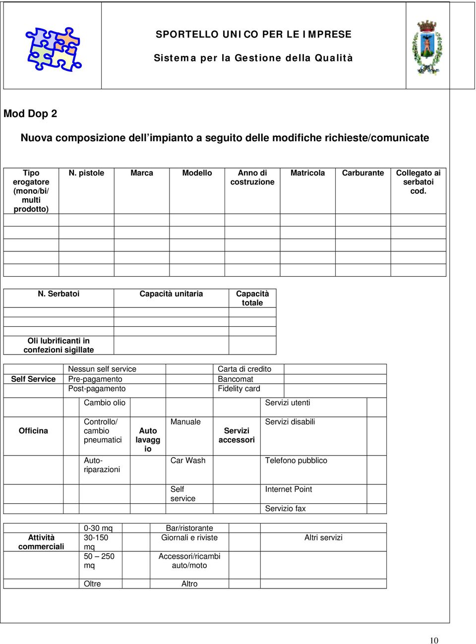 Serbatoi Capacità unitaria Capacità totale Oli lubrificanti in confezioni sigillate Nessun self service Carta di credito Self Service Pre-pagamento Bancomat Post-pagamento Fidelity card Cambio olio