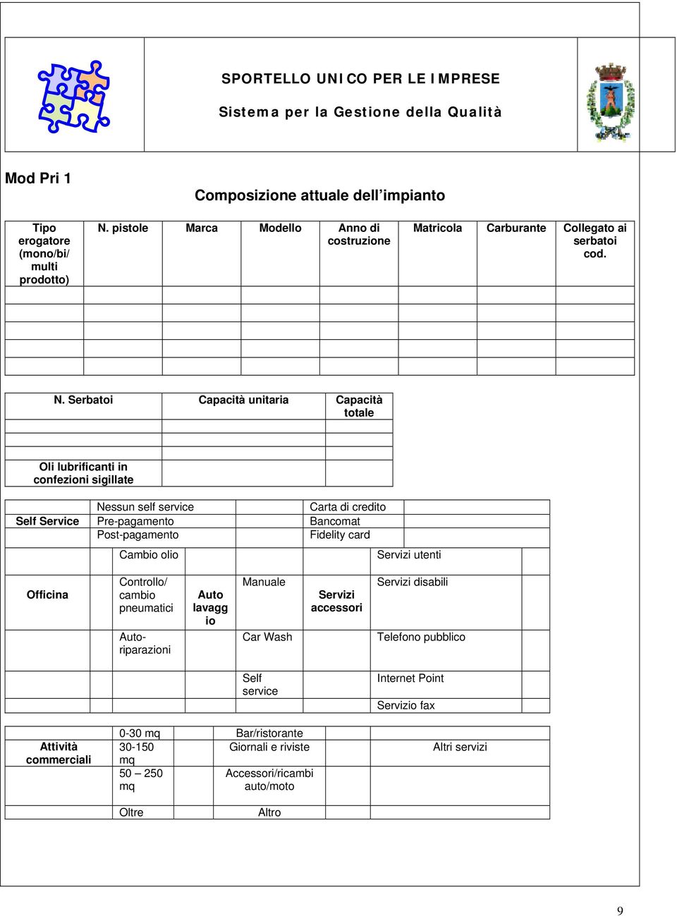 Serbatoi Capacità unitaria Capacità totale Oli lubrificanti in confezioni sigillate Nessun self service Carta di credito Self Service Pre-pagamento Bancomat Post-pagamento Fidelity card Cambio