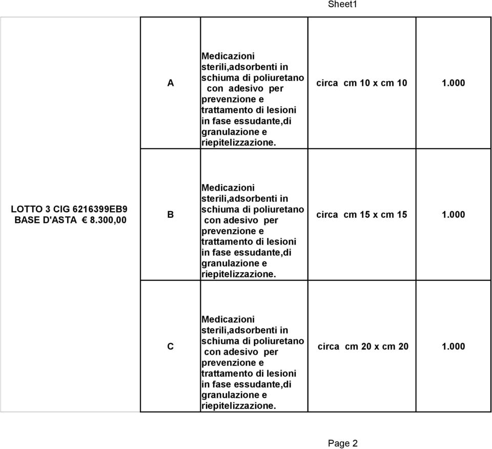 300,00 Medicazioni sterili,adsorbenti in B con adesivo per circa cm 15 x cm 15 1.