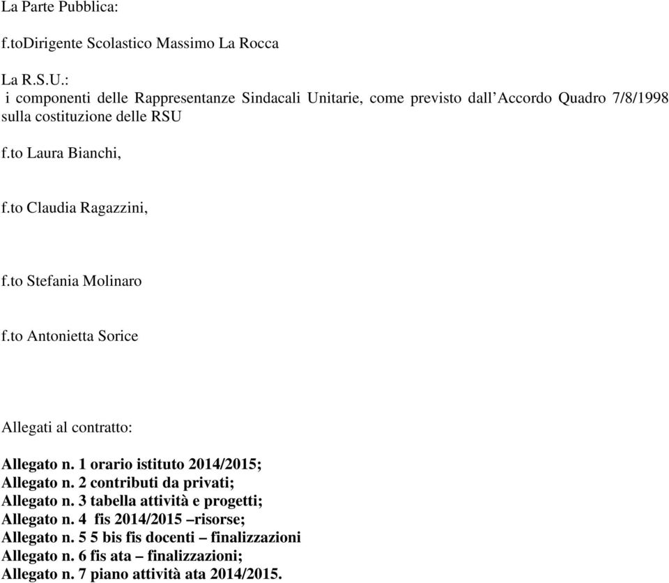 to Claudia Ragazzini, f.to Stefania Molinaro f.to Antonietta Sorice Allegati al contratto: Allegato n. 1 orario istituto 2014/2015; Allegato n.