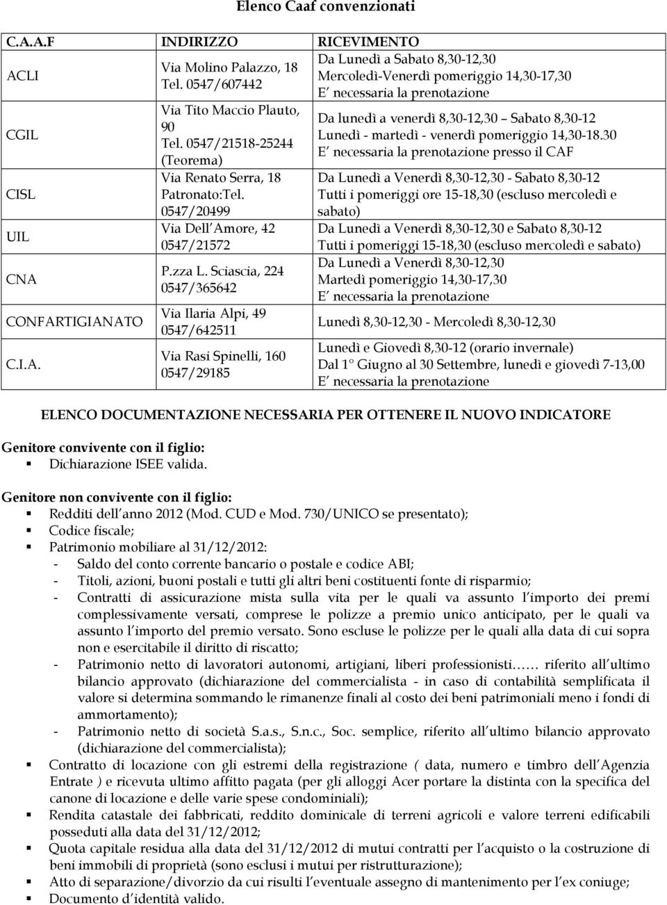 Sciascia, 224 0547/365642 Via Ilaria Alpi, 49 0547/642511 Via Rasi Spinelli, 160 0547/29185 Da Lunedì a Sabato 8,30-12,30 Mercoledì-Venerdì pomeriggio 14,30-17,30 Da lunedì a venerdì 8,30-12,30