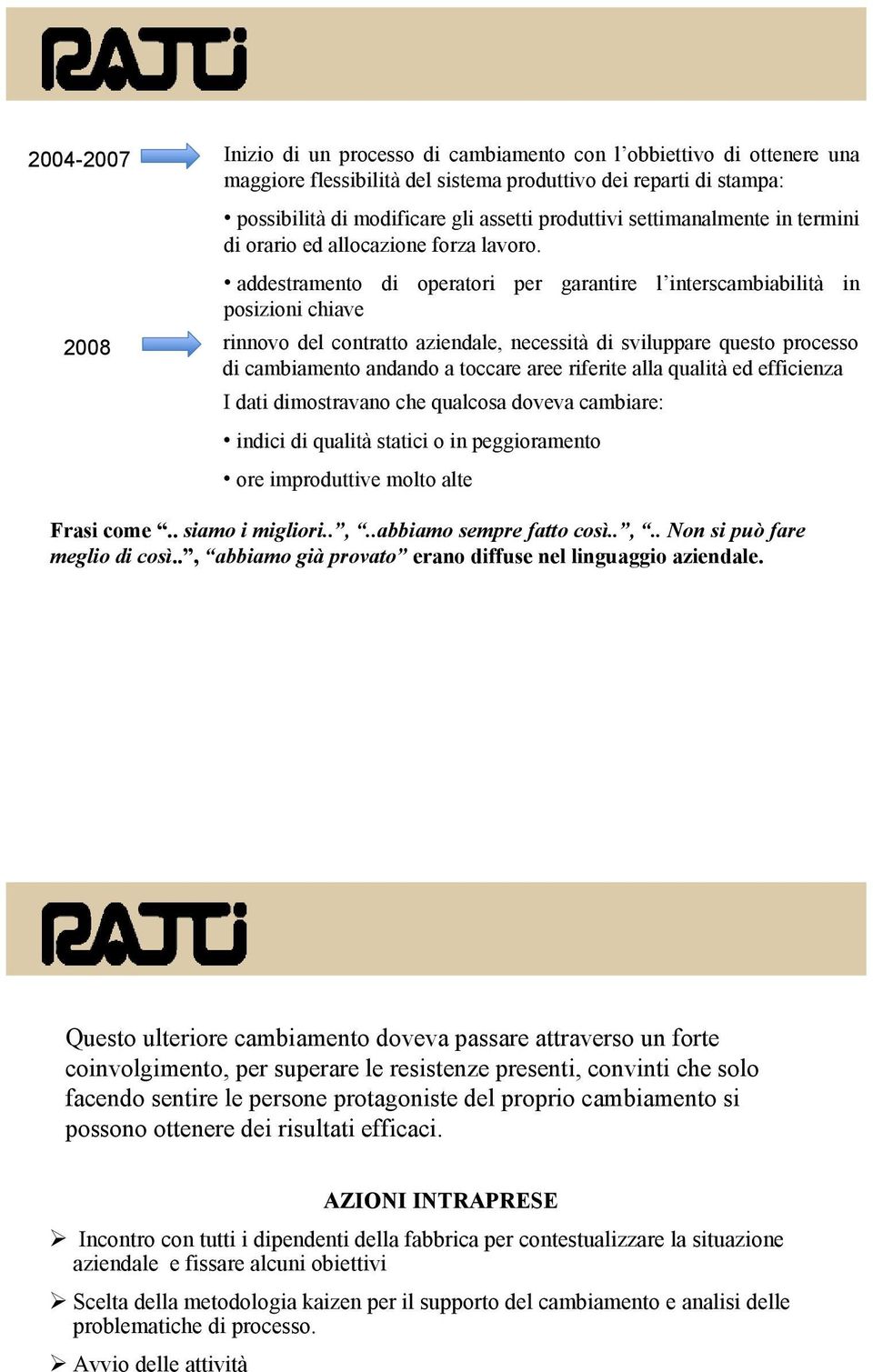 addestramento di operatori per garantire l interscambiabilità posizioni chiave rinnovo del contratto aziendale, necessità di sviluppare questo processo di cambiamento andando a toccare aree riferite