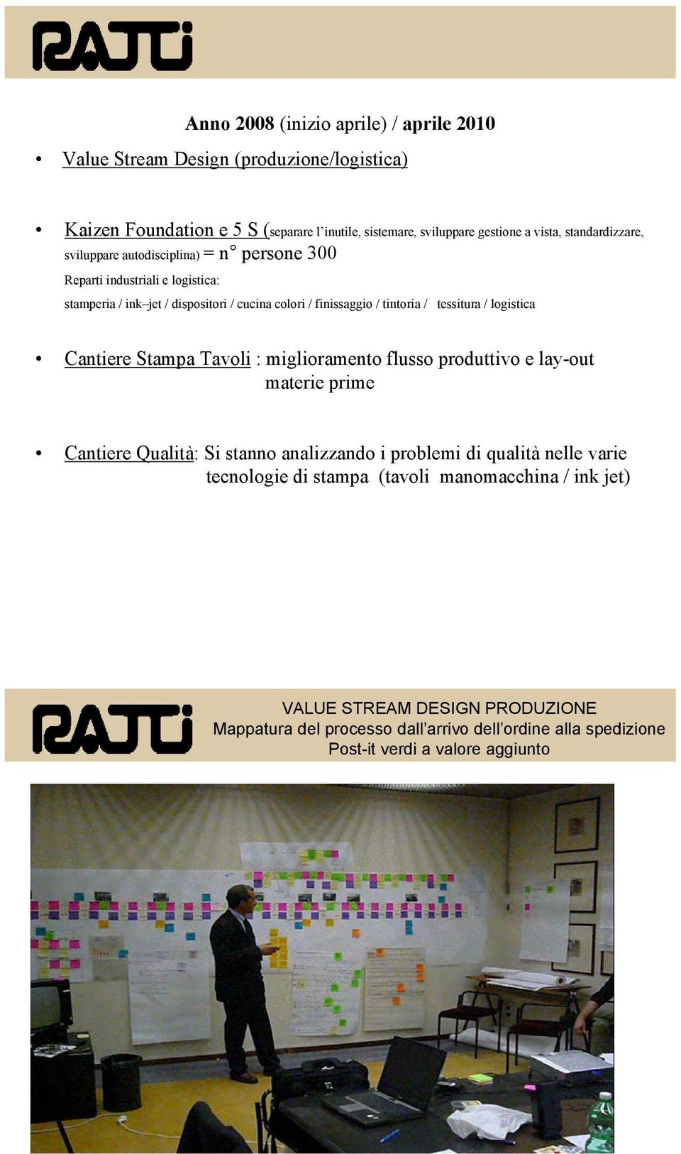 tessitura / logistica Cantiere Stampa Tavoli : miglioramento flusso produttivo e lay-out materie prime Cantiere Qualità: Si stanno analizzando i problemi di qualità nelle