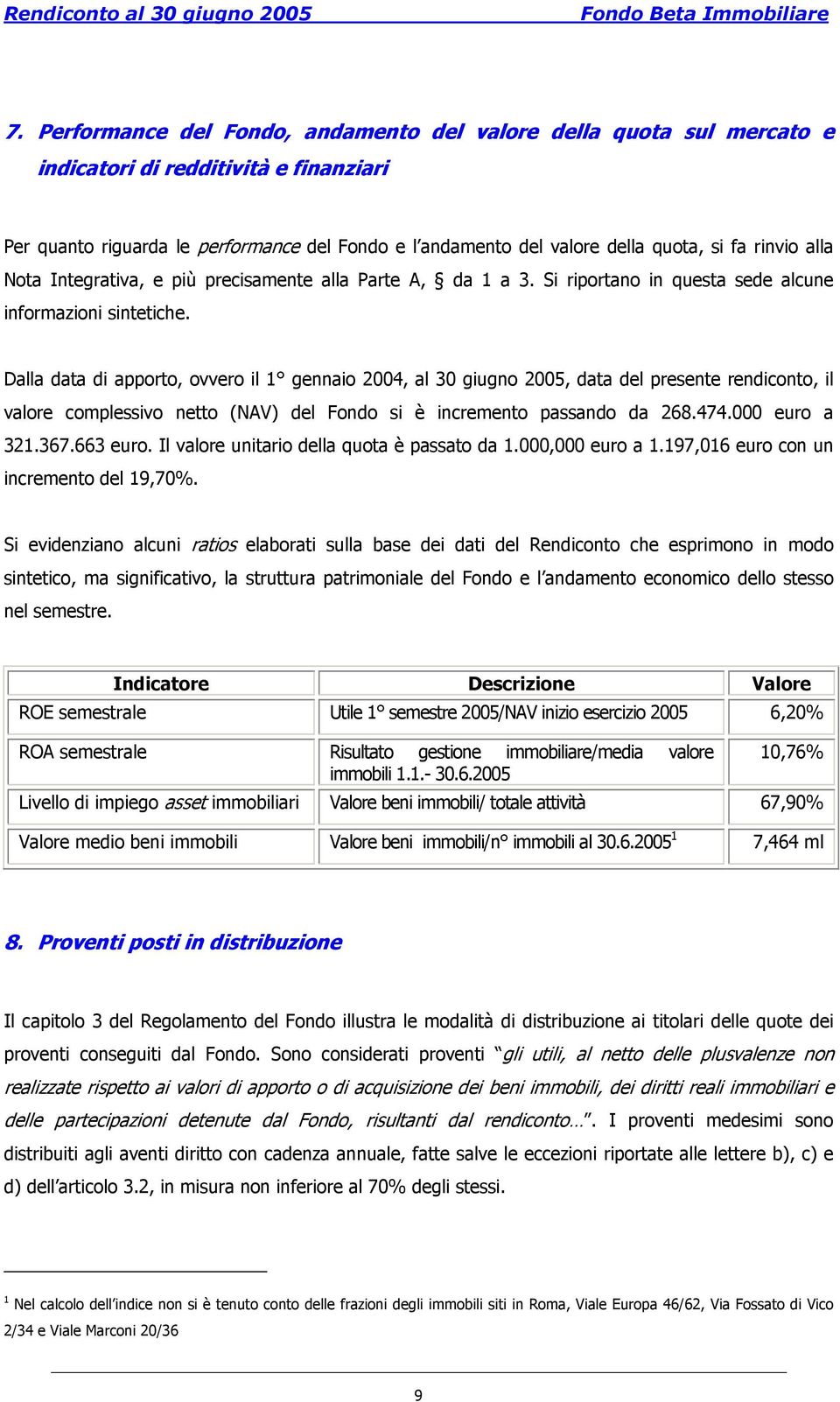 Dalla data di apporto, ovvero il 1 gennaio 2004, al 30 giugno 2005, data del presente rendiconto, il valore complessivo netto (NAV) del Fondo si è incremento passando da 268.474.000 euro a 321.367.