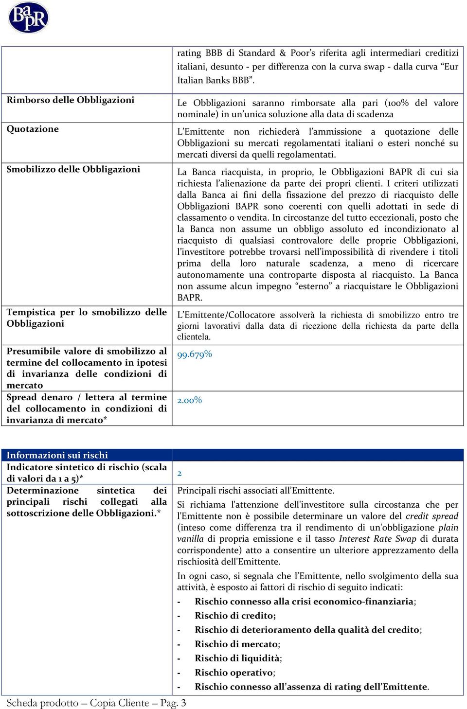 invarianza delle condizioni di mercato Spread denaro / lettera al termine del collocamento in condizioni di invarianza di mercato* Le Obbligazioni saranno rimborsate alla pari (100% del valore