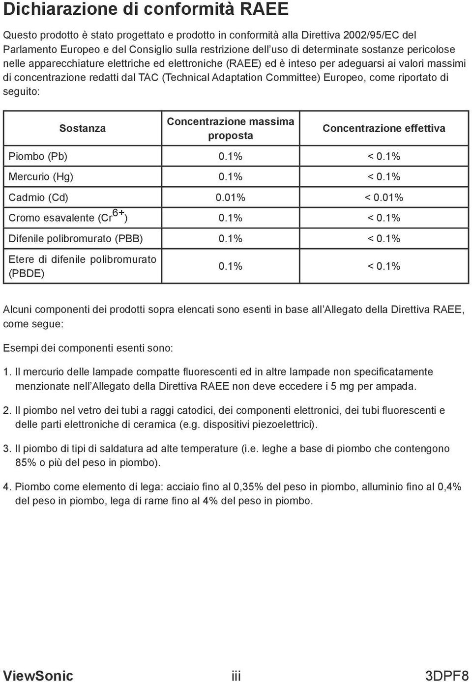 come riportato di seguito: Sostanza Concentrazione massima proposta Concentrazione effettiva Piombo (Pb) 0.1% < 0.1% Mercurio (Hg) 0.1% < 0.1% Cadmio (Cd) 0.01% < 0.01% Cromo esavalente (Cr 6+ ) 0.