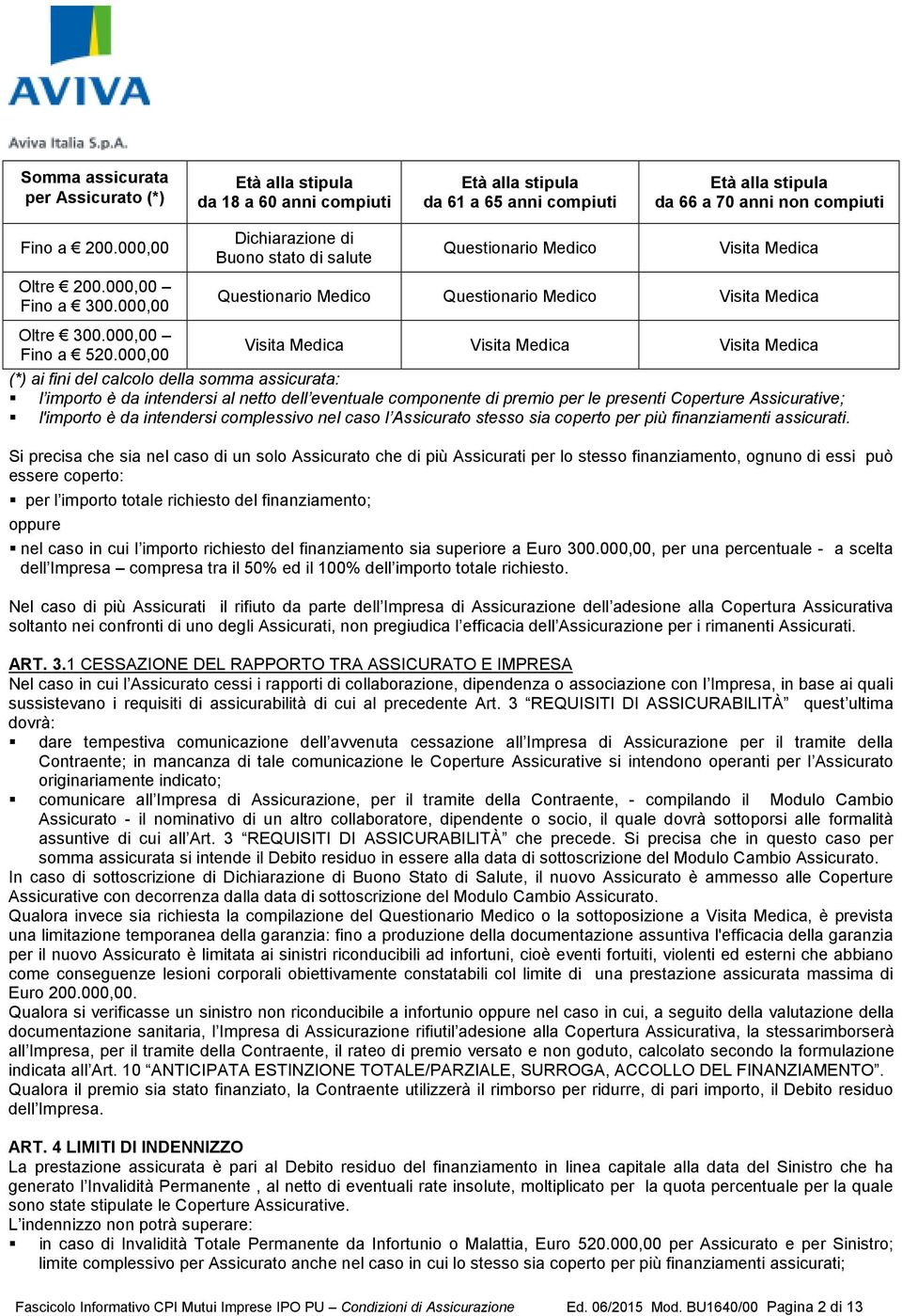 000,00 Dichiarazione di Buono stato di salute Questionario Medico Visita Medica Questionario Medico Questionario Medico Visita Medica Visita Medica Visita Medica Visita Medica (*) ai fini del calcolo