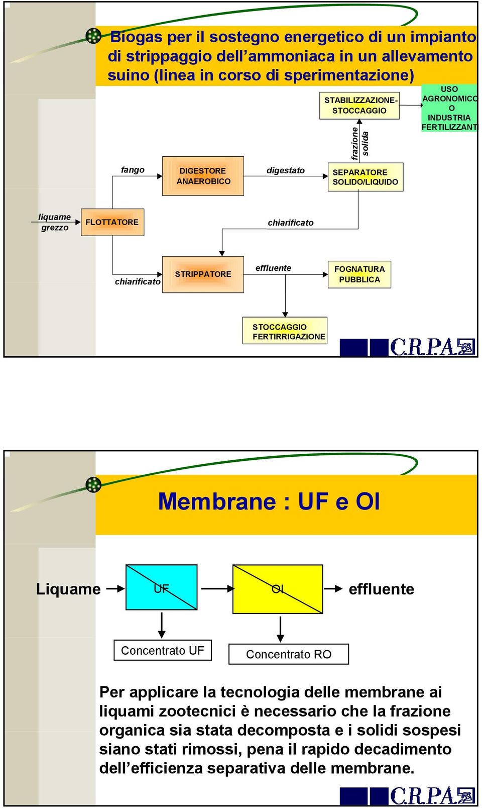 effluente FOGNATURA PUBBLICA STOCCAGGIO FERTIRRIGAZIONE Membrane : UF e OI Liquame UF OI effluente Concentrato UF Concentrato RO Per applicare la tecnologia delle membrane ai