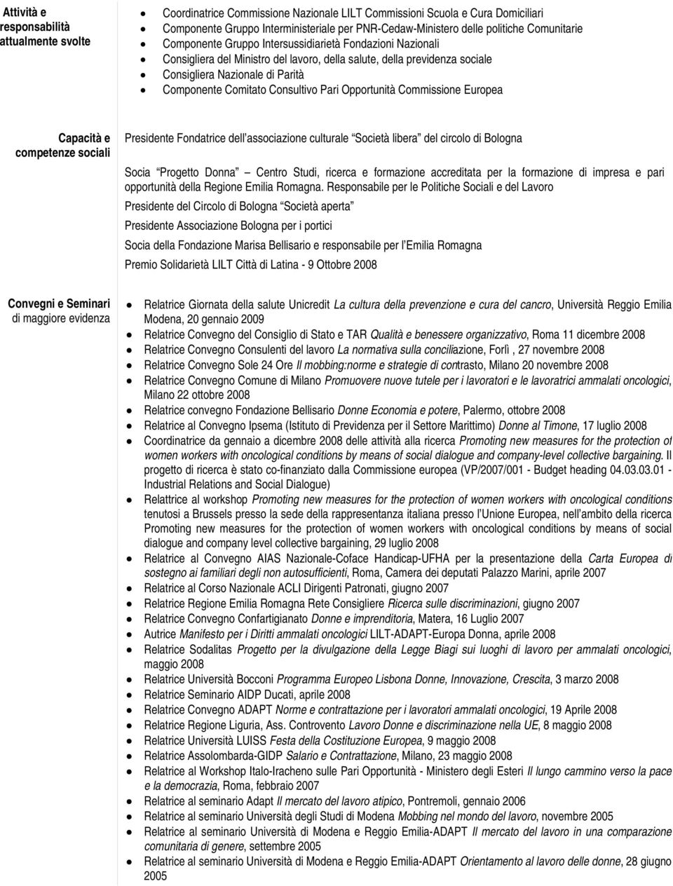 Pari Opportunità Commissione Europea Capacità e competenze sociali Presidente Fondatrice dell associazione culturale Società libera del circolo di Bologna Socia Progetto Donna Centro Studi, ricerca e