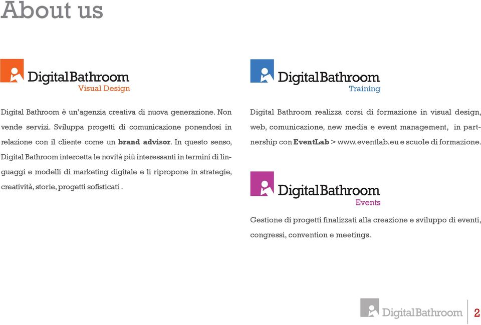 In questo senso, Digital Bathroom realizza corsi di formazione in visual design, web, comunicazione, new media e event management, in partnership con EventLab > www.eventlab.