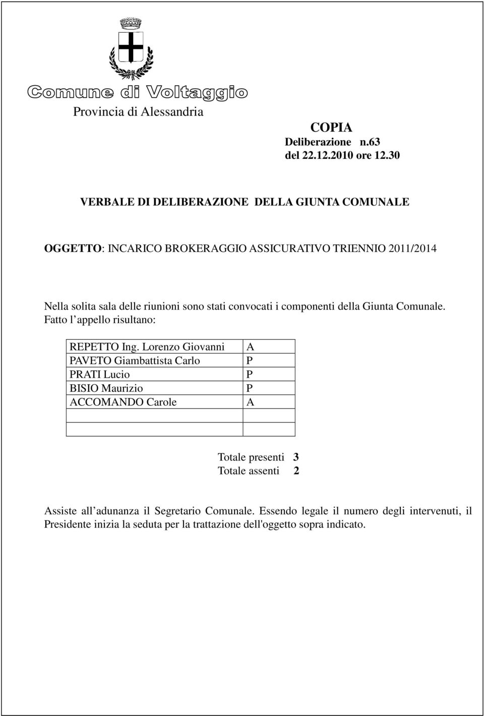 stati convocati i componenti della Giunta Comunale. Fatto l appello risultano: REPETTO Ing.