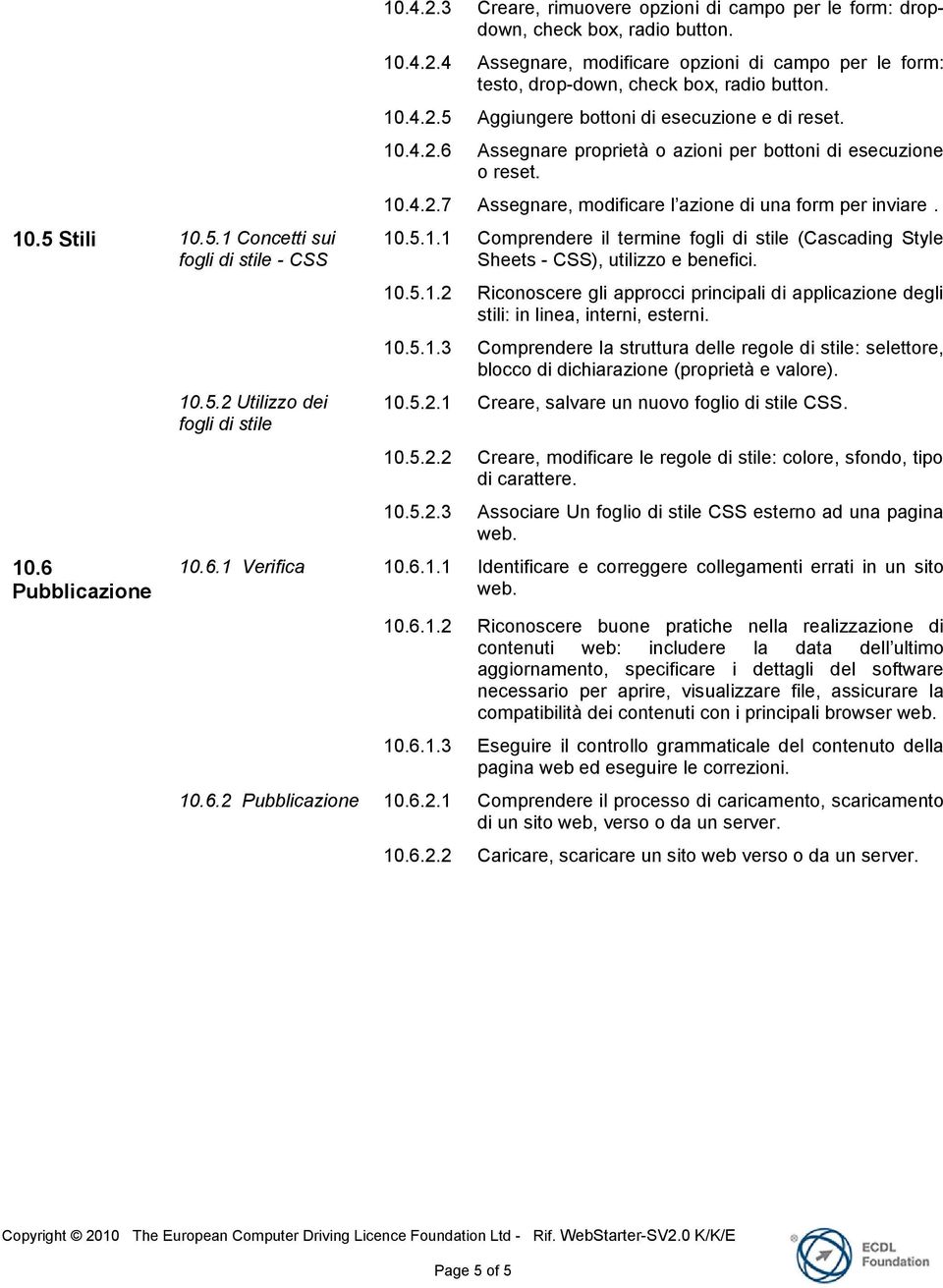 10.4.2.7 Assegnare, modificare l azione di una form per inviare. 10.5.1.1 Comprendere il termine fogli di stile (Cascading Style Sheets - CSS), utilizzo e benefici. 10.5.1.2 Riconoscere gli approcci principali di applicazione degli stili: in linea, interni, esterni.