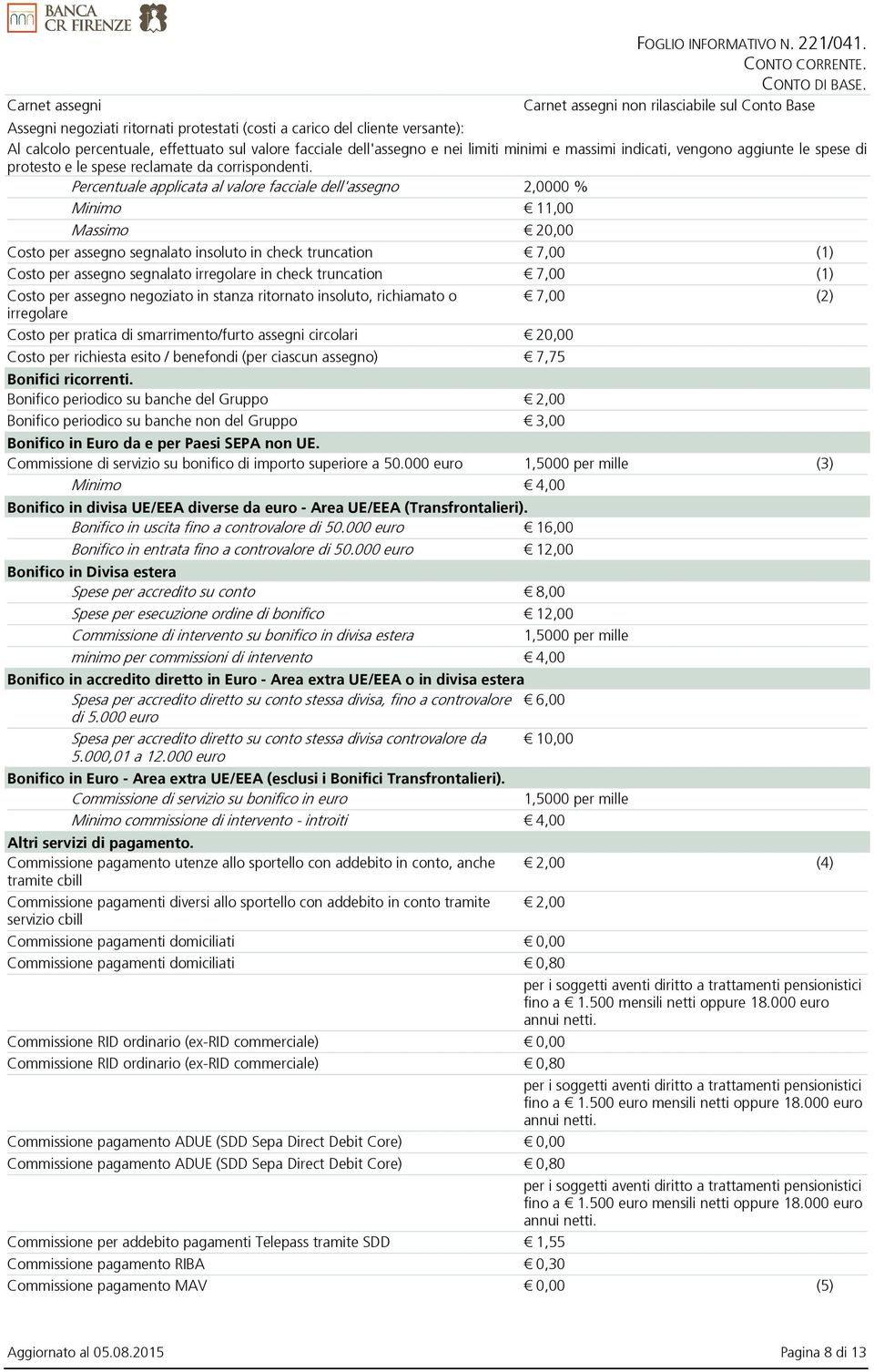 Percentuale applicata al valore facciale dell'assegno 2,0000 % Minimo 11,00 Massimo 20,00 Costo per assegno segnalato insoluto in check truncation 7,00 (1) Costo per assegno segnalato irregolare in