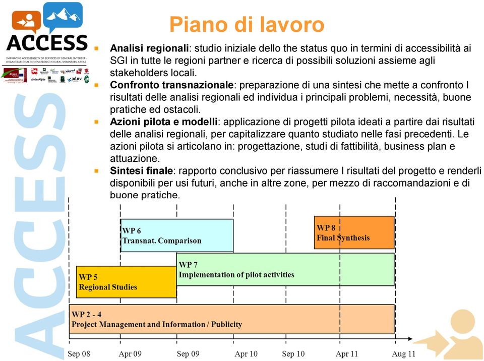 Azioni pilota e modelli: applicazione di progetti pilota ideati a partire dai risultati delle analisi regionali, per capitalizzare quanto studiato nelle fasi precedenti.