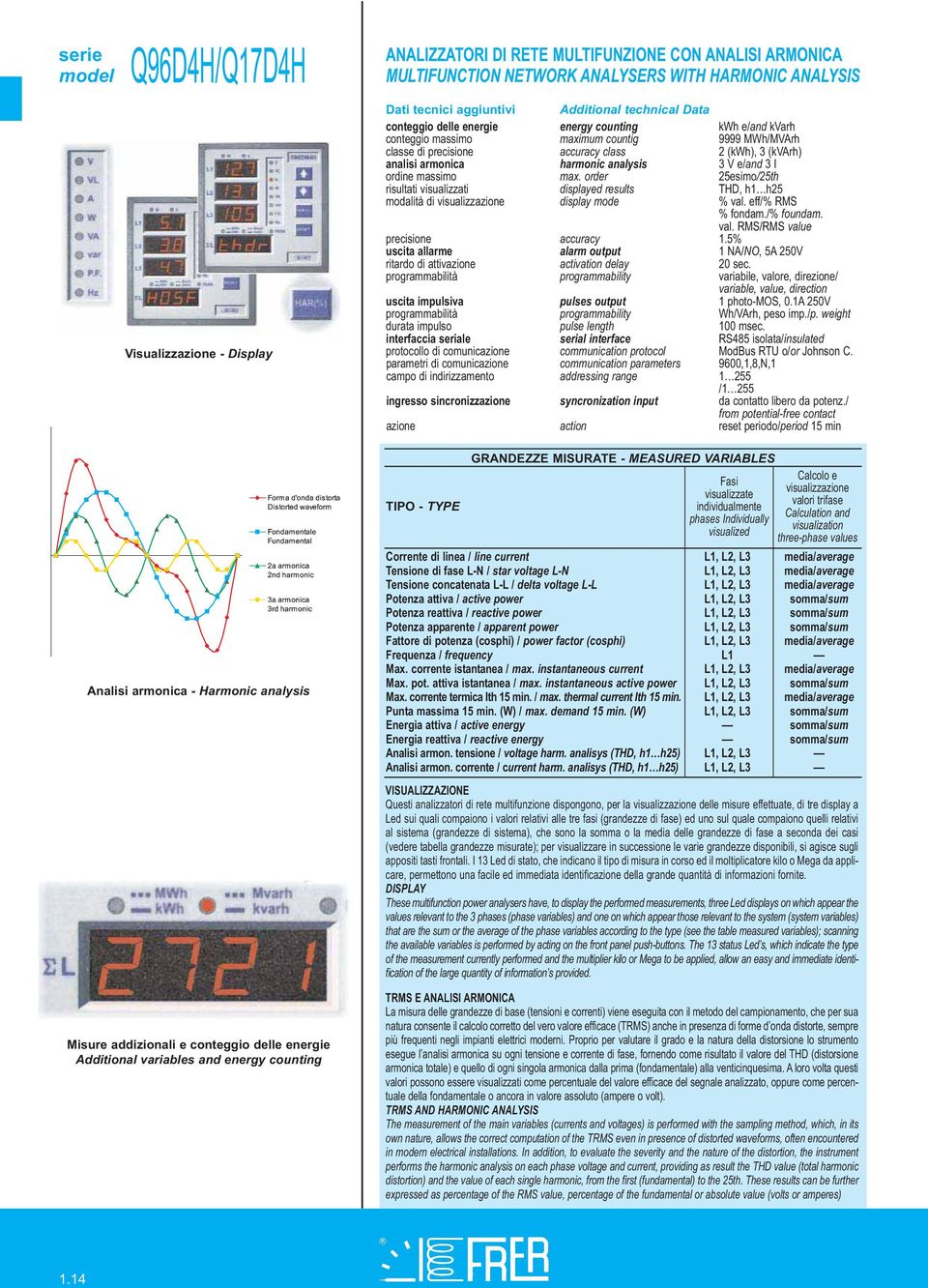 harmonic analysis 3 V e/and 3 I ordine massimo max. order 25esimo/25th risultati visualizzati displayed results THD, h1 h25 modalità di visualizzazione display mode % val. eff/% RMS % fondam.