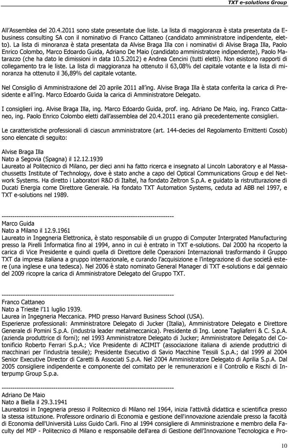 La lista di minoranza è stata presentata da Alvise Braga Illa con i nominativi di Alvise Braga Illa, Paolo Enrico Colombo, Marco Edoardo Guida, Adriano De Maio (candidato amministratore