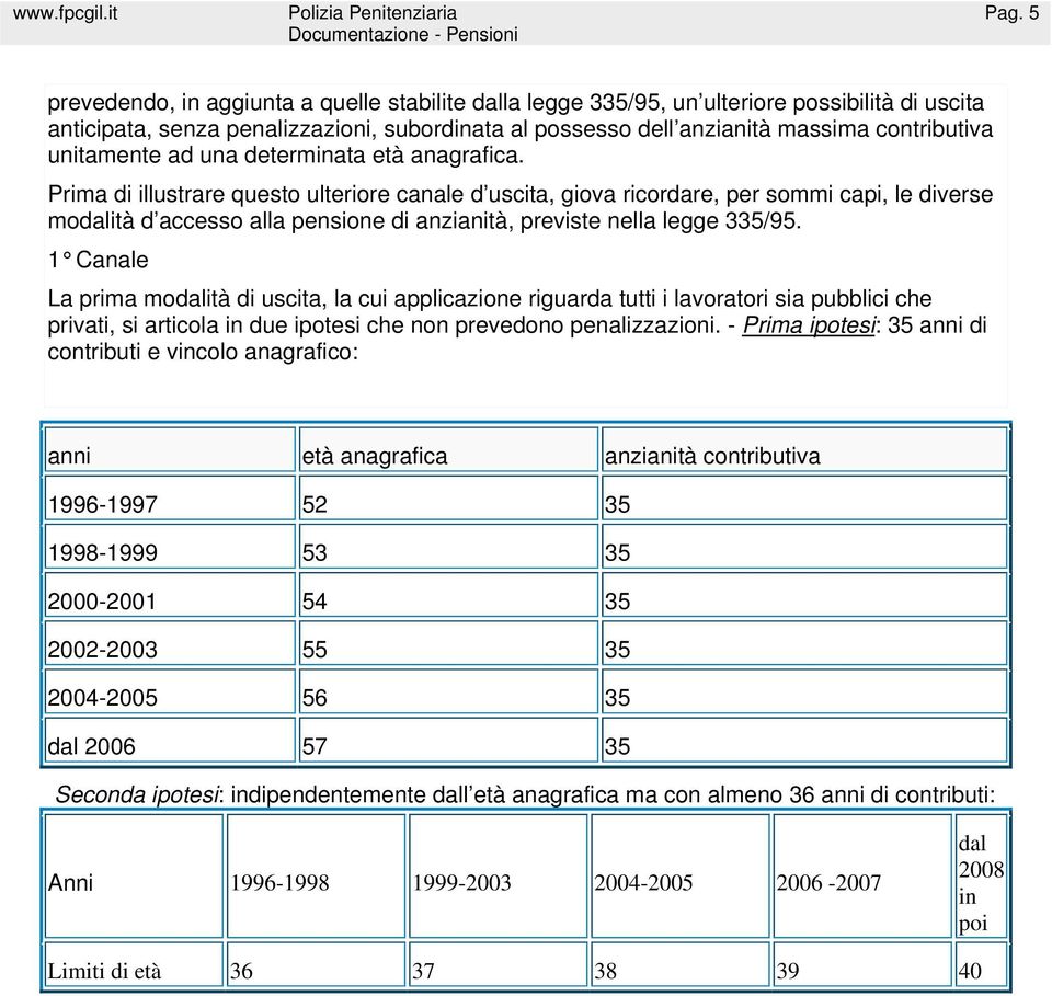 Prima di illustrare questo ulteriore canale d uscita, giova ricordare, per sommi capi, le diverse modalità d accesso alla pensione di anzianità, previste nella legge 335/95.