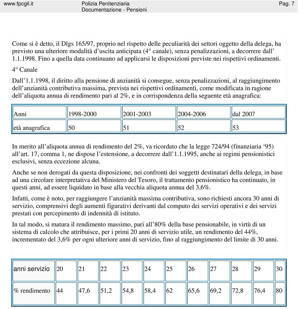 1.1998. Fino a quella data continuano ad applicarsi le disposizioni previste nei rispettivi ordinamenti. 4 Canale Dall 1.1.1998, il diritto alla pensione di anzianità si consegue, senza