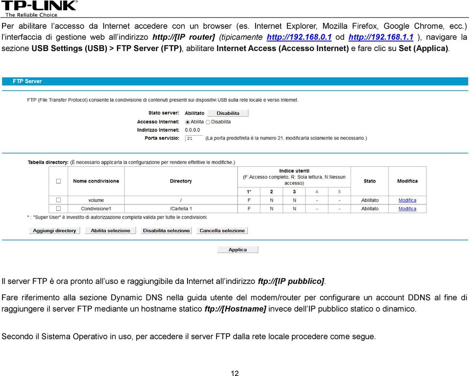 2.168.0.1 od http://192.168.1.1 ), navigare la sezione USB Settings (USB) > FTP Server (FTP), abilitare Internet Access (Accesso Internet) e fare clic su Set (Applica).