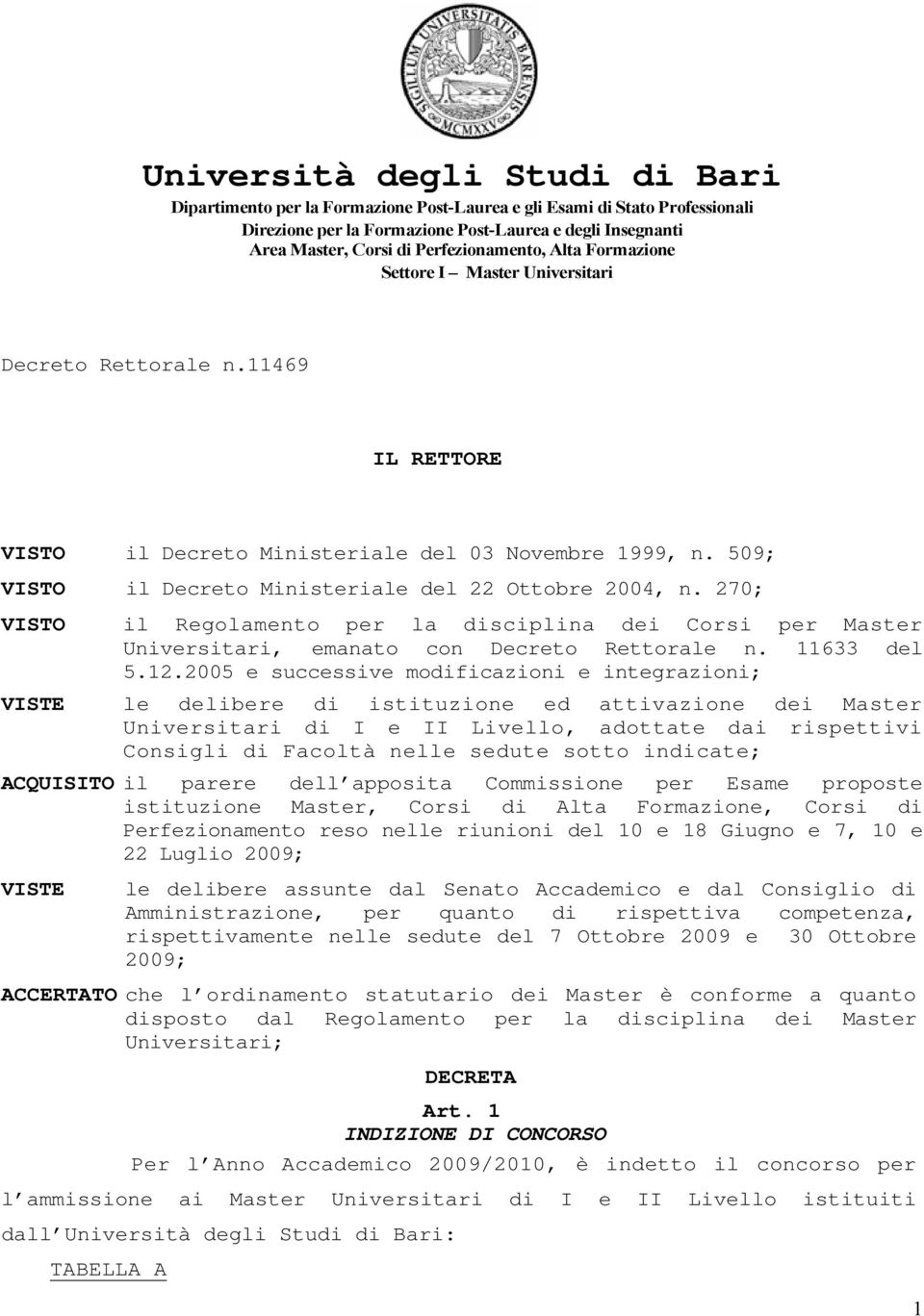 509; VISTO il Decreto Ministeriale del 22 Ottobre 2004, n. 270; VISTO il Regolamento per la disciplina dei Corsi per Master Universitari, emanato con Decreto Rettorale n. 11633 del 5.12.