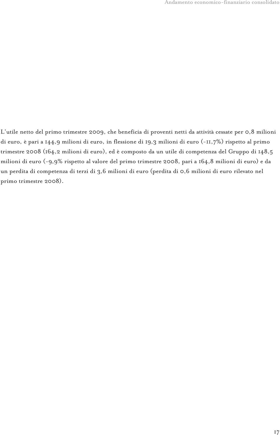 euro), ed è composto da un utile di competenza del Gruppo di 148,5 milioni di euro (-9,9% rispetto al valore del primo trimestre 2008, pari a