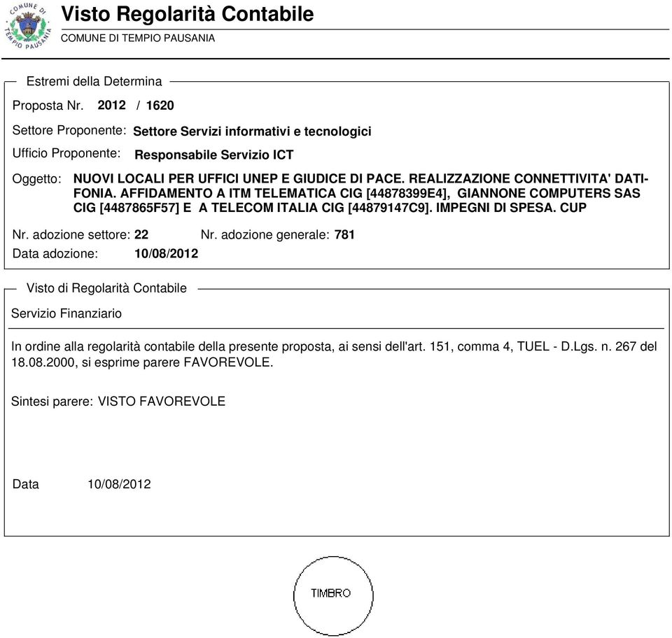 REALIZZAZIONE CONNETTIVITA' DATI- FONIA. AFFIDAMENTO A ITM TELEMATICA CIG [44878399E4], GIANNONE COMPUTERS SAS CIG [4487865F57] E A TELECOM ITALIA CIG [44879147C9]. IMPEGNI DI SPESA. CUP Nr.