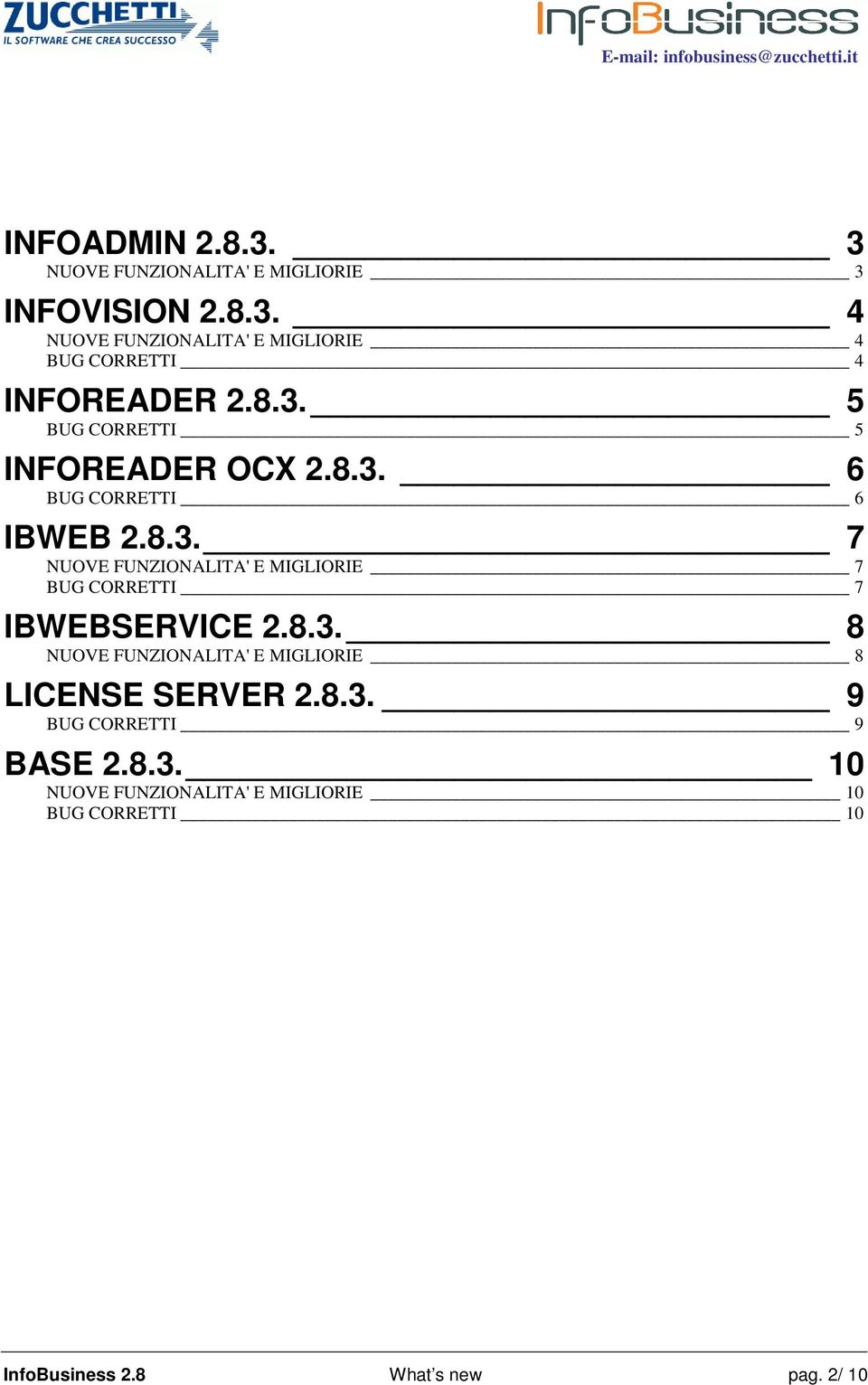 8.3. 8 NUOVE FUNZIONALITA' E MIGLIORIE 8 LICENSE SERVER 2.8.3. 9 9 BASE 2.8.3. 10 NUOVE FUNZIONALITA' E MIGLIORIE 10 10 InfoBusiness 2.