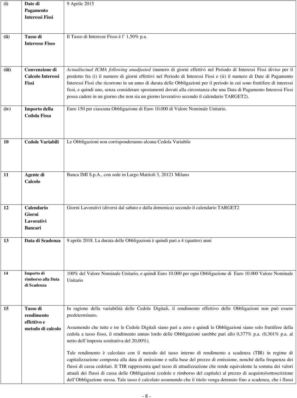 amento Interessi Fissi 9 Aprile 2015 (ii) Tasso di Interesse Fisso Il Tasso di Interesse Fisso è l 1,50% p.a. (iii) (iv) Convenzione di Calcolo Interessi Fissi Importo della Cedola Fissa