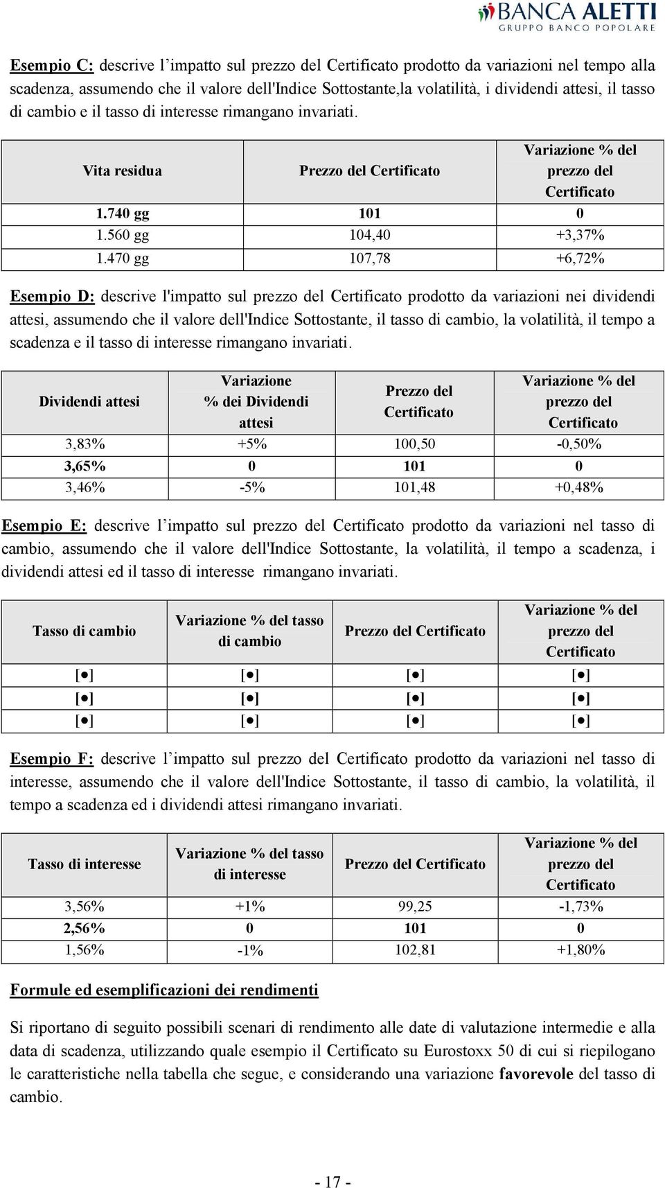 470 gg 107,78 +6,72% Esempio D: descrive l'impatto sul prezzo del Certificato prodotto da variazioni nei dividendi attesi, assumendo che il valore dell'indice Sottostante, il tasso di cambio, la