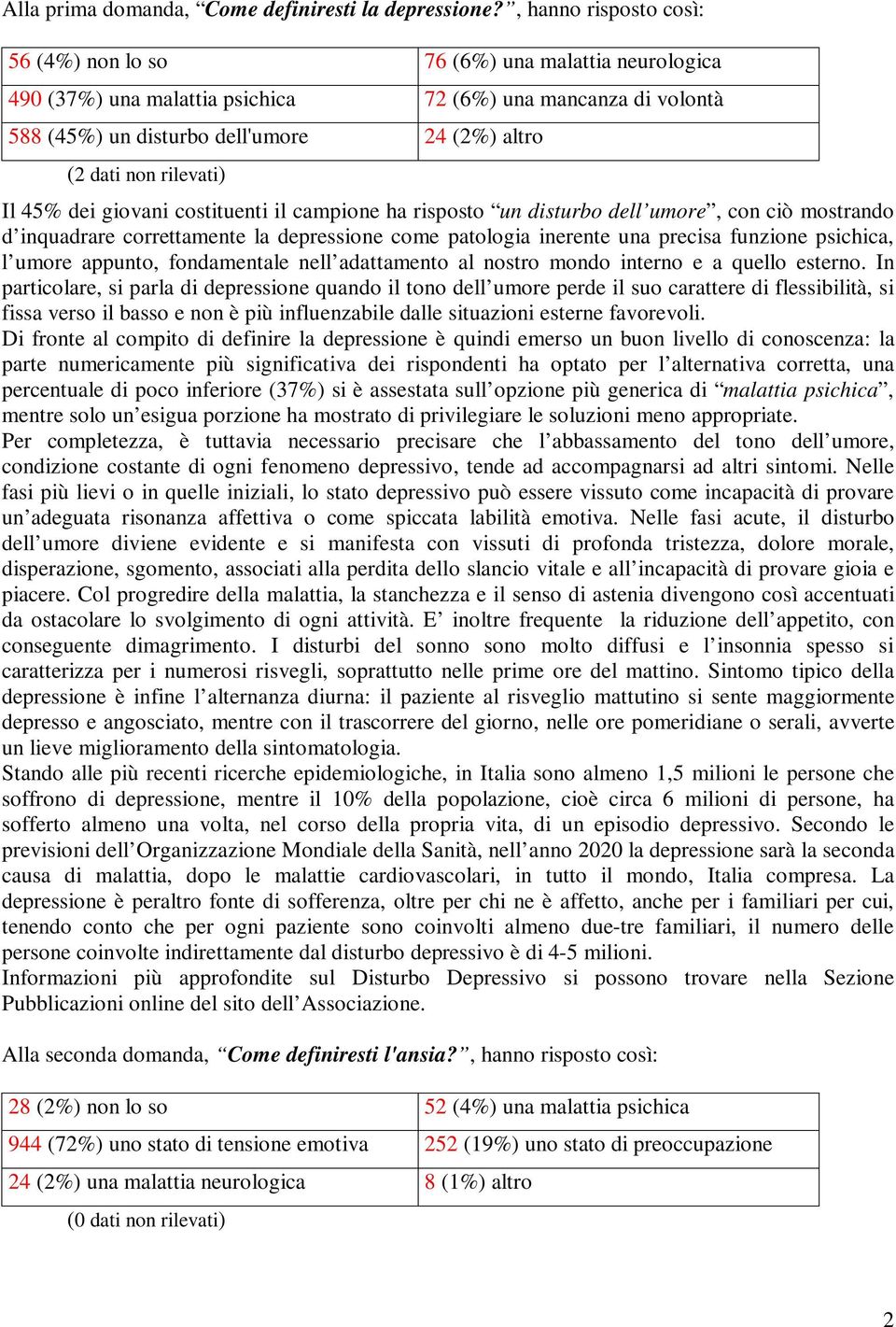 rilevati) Il 45% dei giovani costituenti il campione ha risposto un disturbo dell umore, con ciò mostrando d inquadrare correttamente la depressione come patologia inerente una precisa funzione