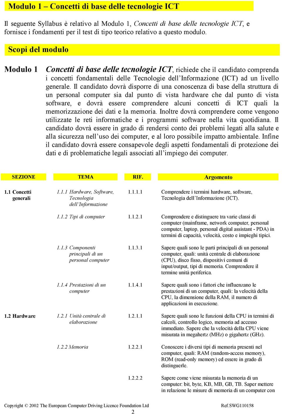 Scopi del modulo Modulo 1 Concetti di base delle tecnologie ICT, richiede che il candidato comprenda i concetti fondamentali delle Tecnologie dell Informazione (ICT) ad un livello generale.