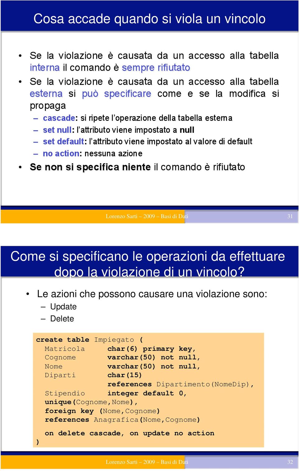 Le azioni che possono causare una violazione sono: Update Delete create table Impiegato ( Matricola char(6) primary key, Cognome varchar(50)