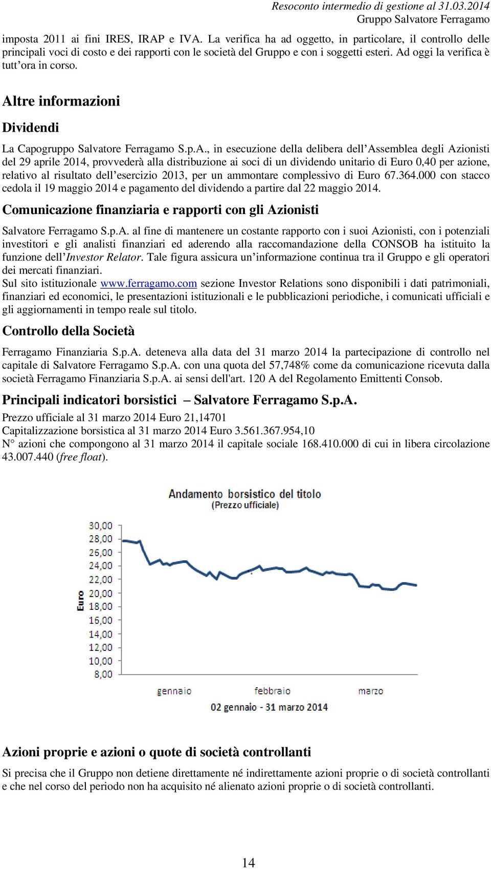 provvederà alla distribuzione ai soci di un dividendo unitario di Euro 0,40 per azione, relativo al risultato dell esercizio 2013, per un ammontare complessivo di Euro 67.364.