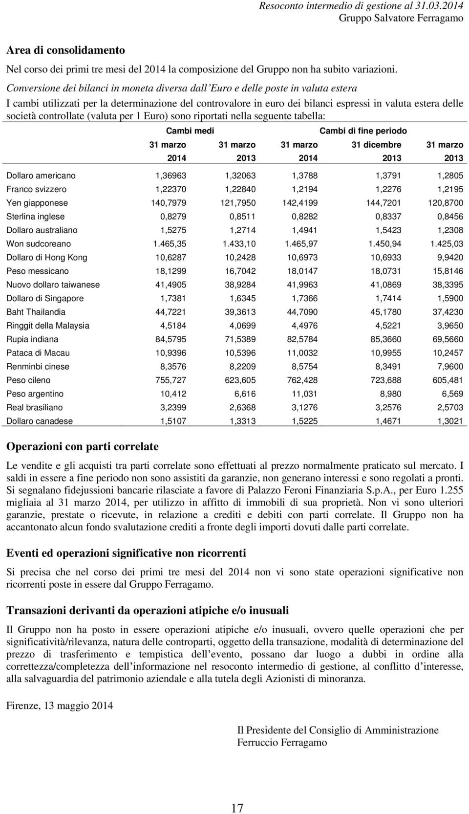 società controllate (valuta per 1 Euro) sono riportati nella seguente tabella: Cambi medi Cambi di fine periodo 31 marzo 31 marzo 31 marzo 31 dicembre 31 marzo 2014 2013 2014 2013 2013 Dollaro