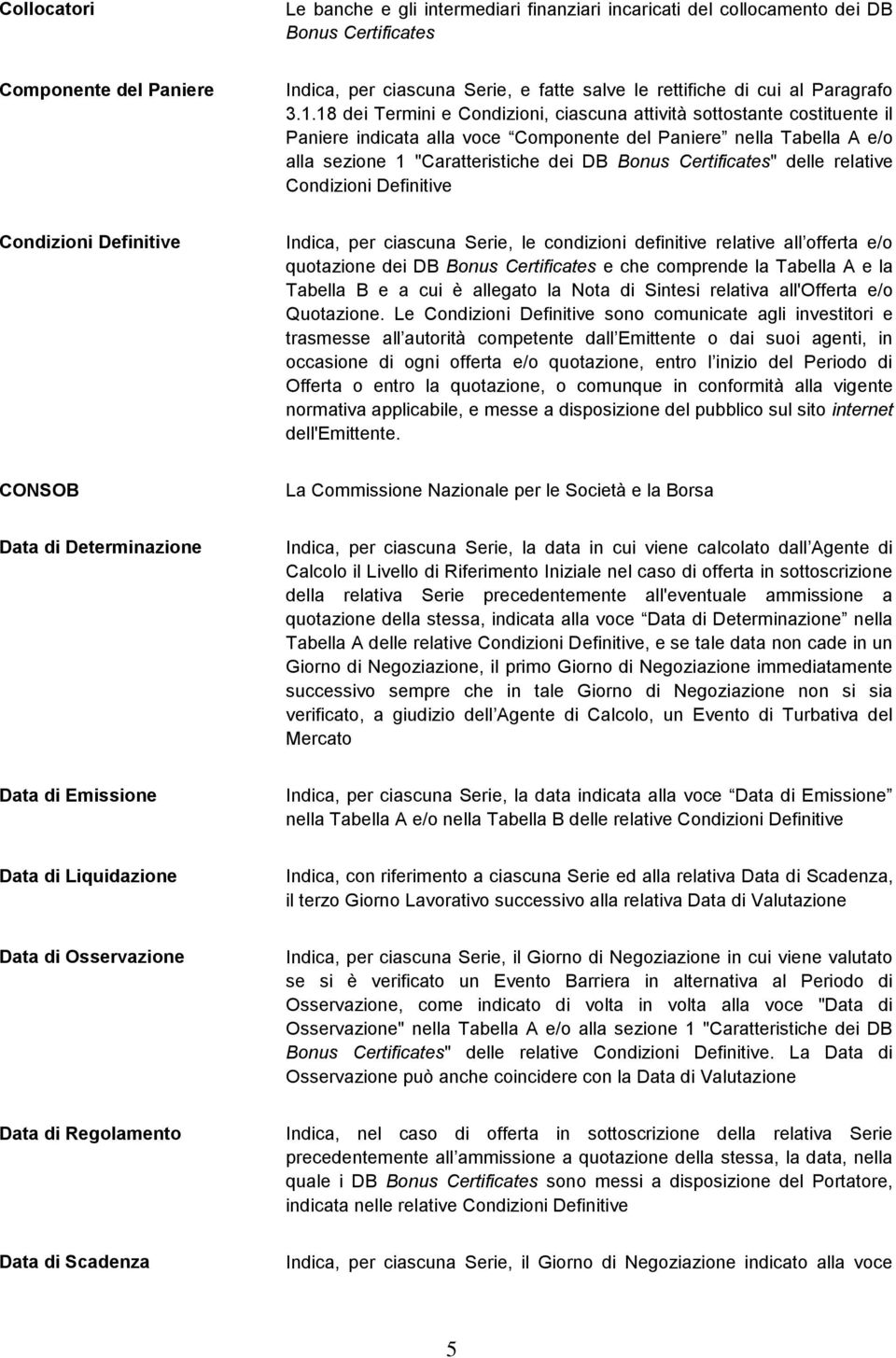 18 dei Termini e Condizioni, ciascuna attività sottostante costituente il Paniere indicata alla voce Componente del Paniere nella Tabella A e/o alla sezione 1 "Caratteristiche dei DB Bonus