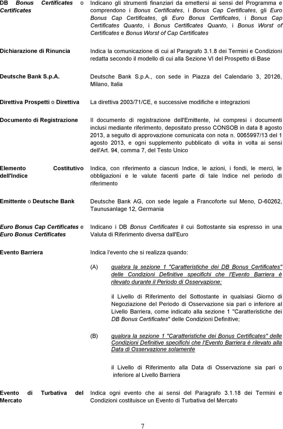 Indica la comunicazione di cui al Paragrafo 3.1.8 dei Termini e Condizioni redatta secondo il modello di cui alla Sezione VI del Prospetto di Base Deutsche Bank S.p.A.