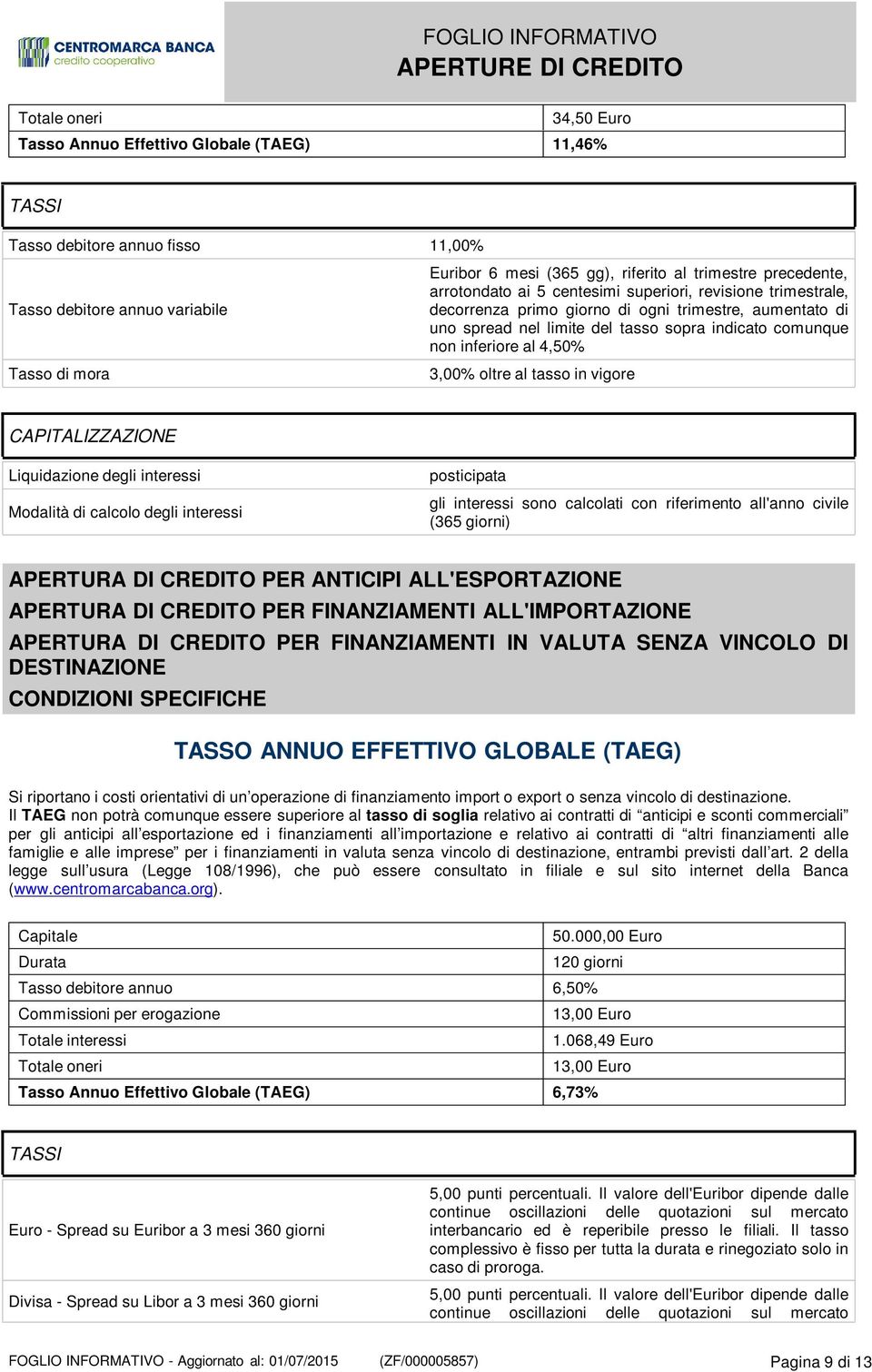 riferimento all'anno civile (365 giorni) APERTURA DI CREDITO PER ANTICIPI ALL'ESPORTAZIONE APERTURA DI CREDITO PER FINANZIAMENTI ALL'IMPORTAZIONE APERTURA DI CREDITO PER FINANZIAMENTI IN VALUTA SENZA