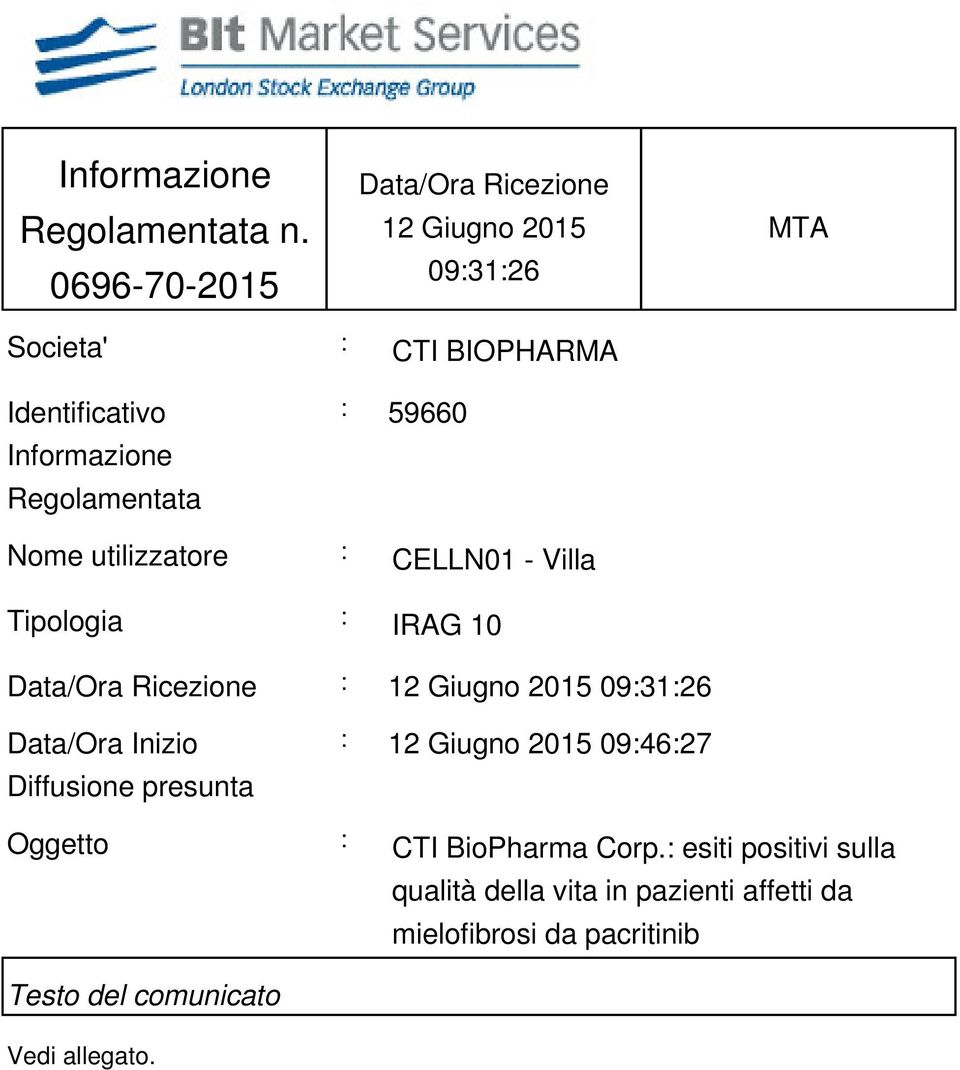 Regolamentata : 59660 Nome utilizzatore : CELLN01 - Villa Tipologia : IRAG 10 Data/Ora Ricezione : 12 Giugno 2015