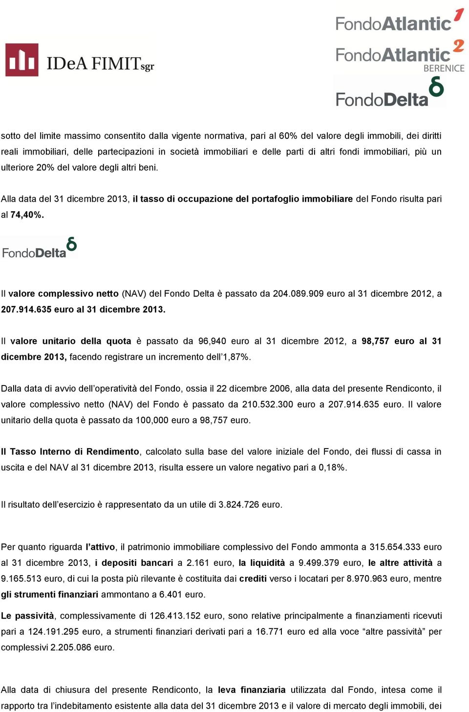 Il valore complessivo netto (NAV) del Fondo Delta è passato da 204.089.909 euro al 31 dicembre 2012, a 207.914.635 euro al 31 dicembre 2013.